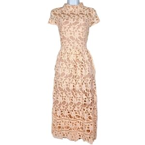 BOOHOO Nude Cream Lace High Neck Skater A-Line Cap Sleeve Midi Dress 10 M NWT